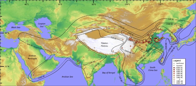Diffusion du sétaire (Setaria italica) à travers l'Eurasie entre 5500-500 avant J.-C. (Stevens & al. 2016 fig. 4)